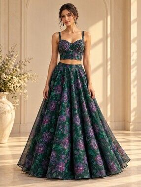 Dark Green Floral Organza Lehenga Choli Set Size 8 Medium